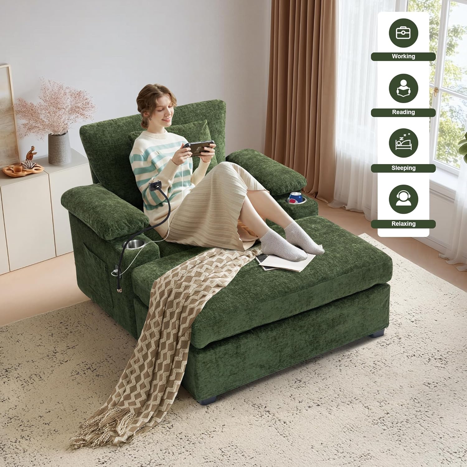 Chaise Lounge Chair with Adjustable Backrest, Ottoman, Phone Holder, USB Ports, Cup Holder, Reading Lounge Chair for Small Space, Single Sleeper Sofa, Chenille, Green