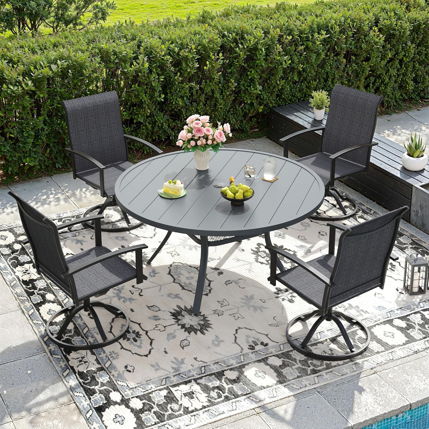 DIFY Swivel Patio Chairs Set of 4, 360 Swivel Outdoor Dining Chairs with All Weather Textilene High Back and Metal Frame, for Garden Backyard Poolside, Dark Grey Fabric