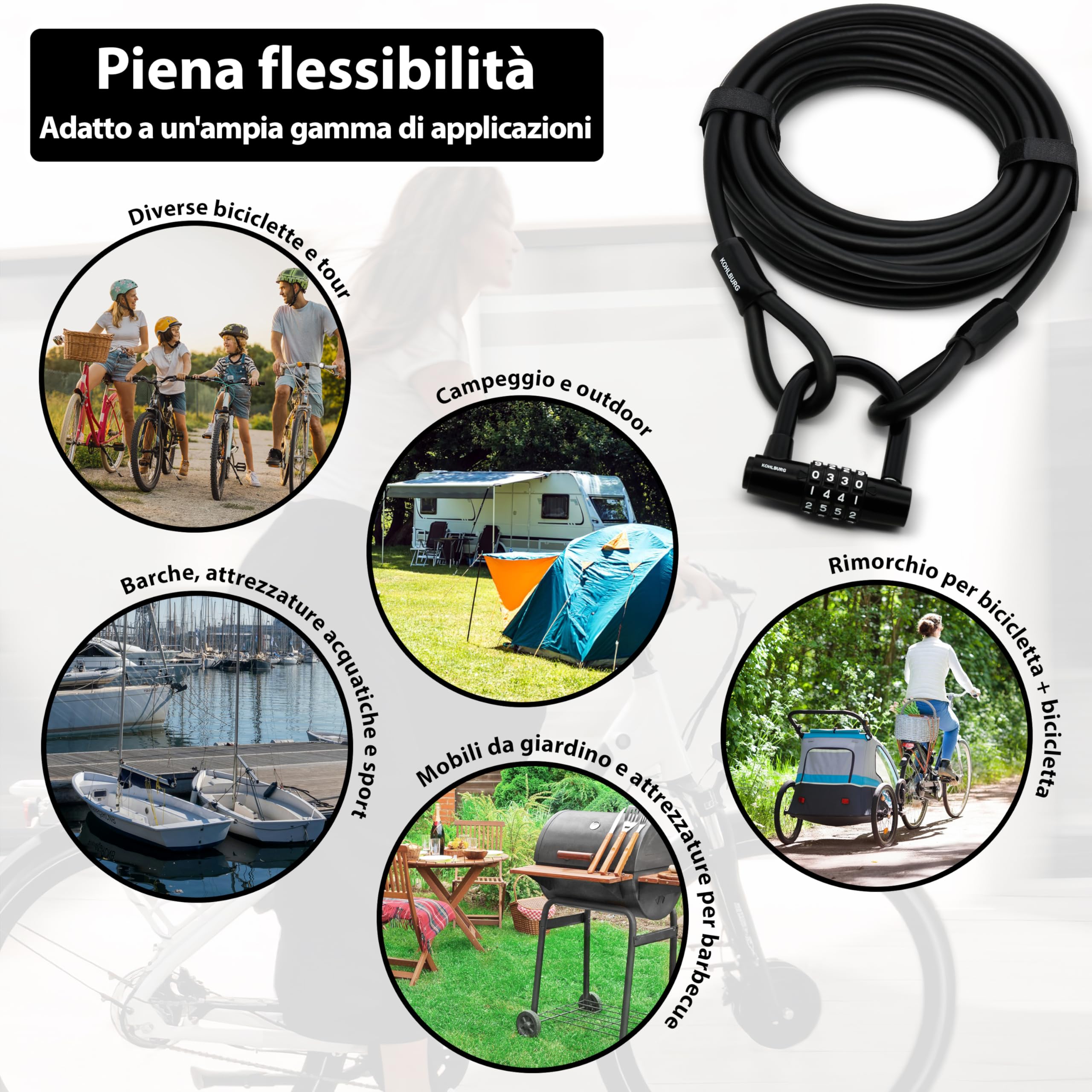 KOHLBURG Antifurto a cavo e combinazione [lungo 10 metri] cavo in acciaio rivestito con fascette e lucchetto a codice più biciclette, barche, mobili da giardino – lucchetto a cavo 10m