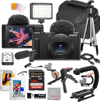 Sony ZV-1 II Vlog Camera for Content Creators and Vloggers 128GB Extreme Memory, Mic, Video Light, Editing Software, U-Grip, and Tripod Bundle 21pc