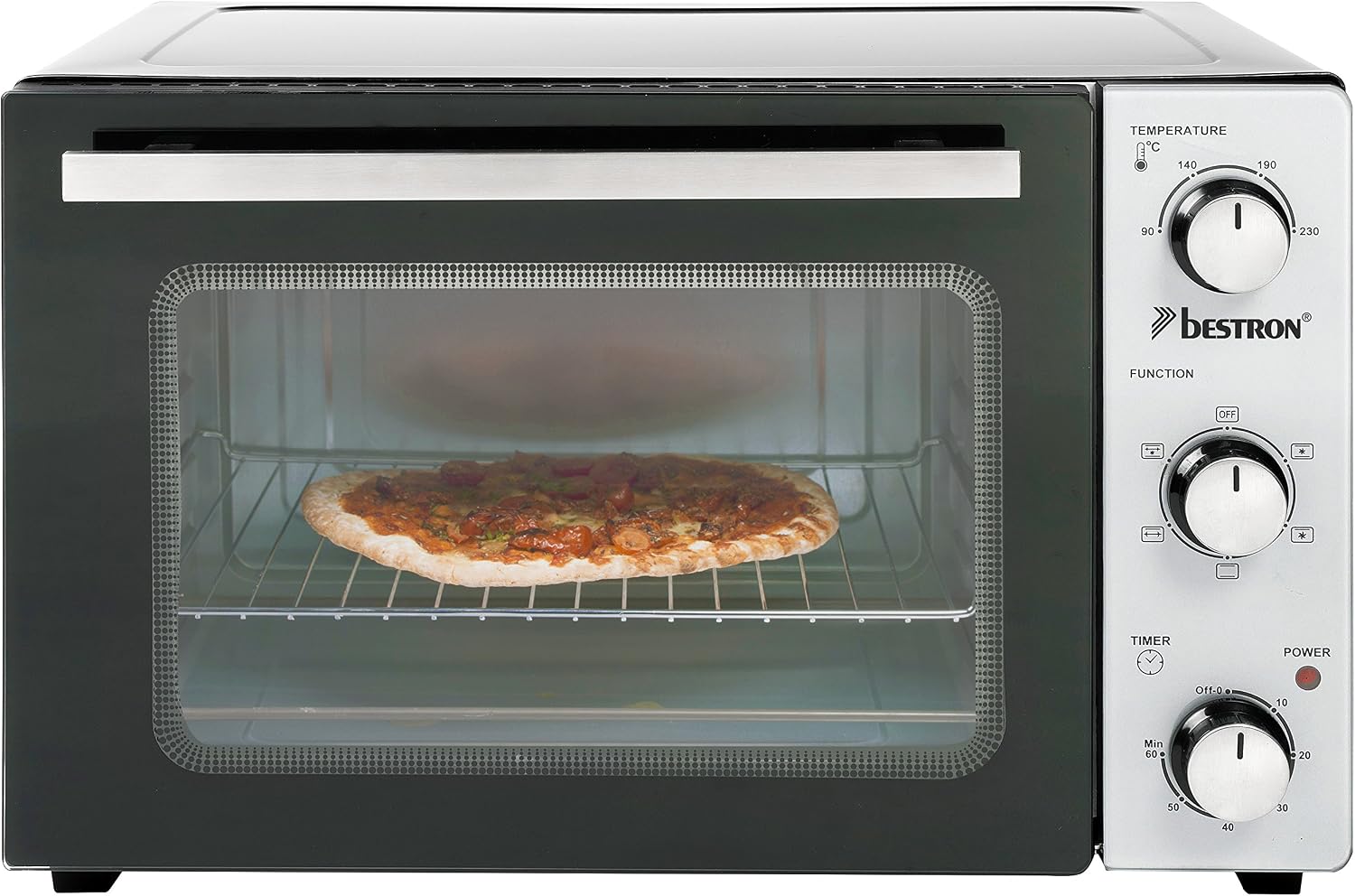 Bestron Grill Oven with Rotisserie and Pizza Stone, Mini Oven with 31 L, 1500W, Stainless Steel / Black