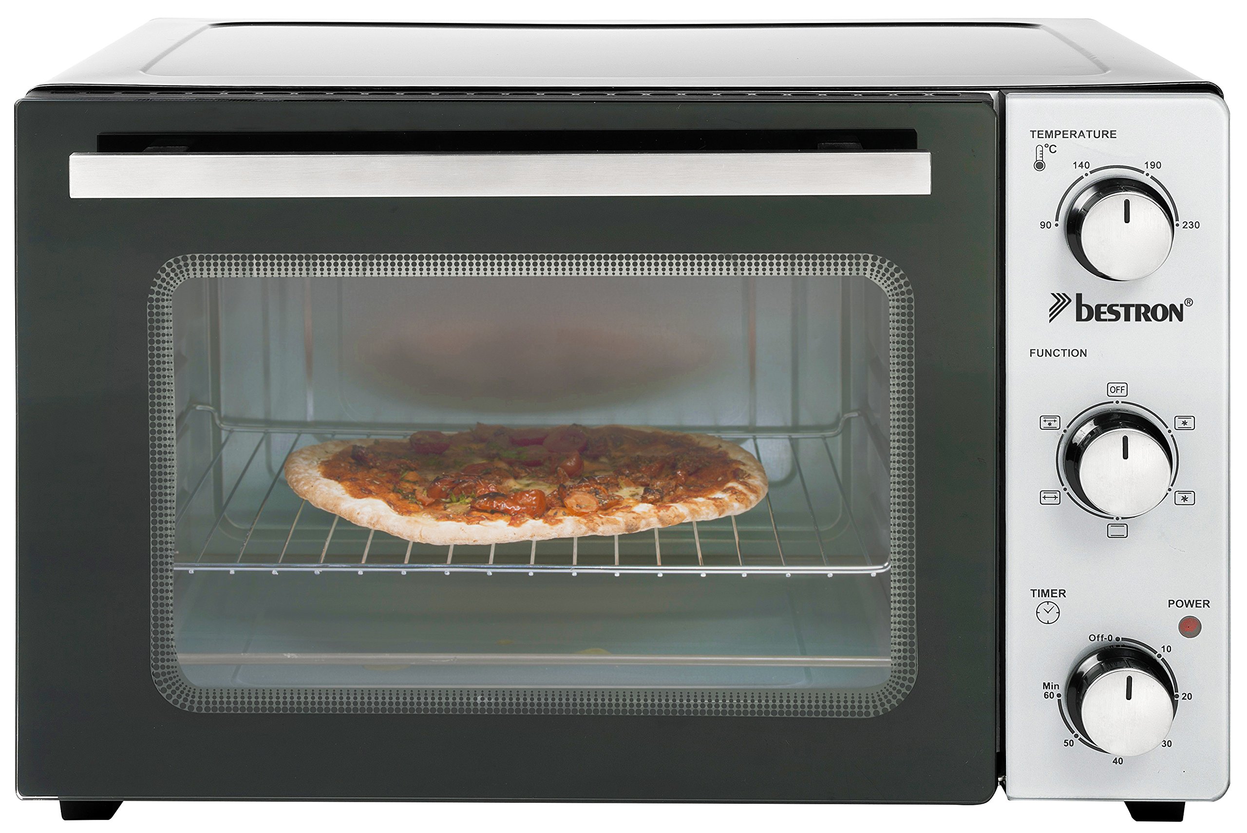 Bestron Mini Horno con Pincho Giratorio y Piedra para Pizza, 31 Litros, 1500 Vatios, Acero Inoxidable