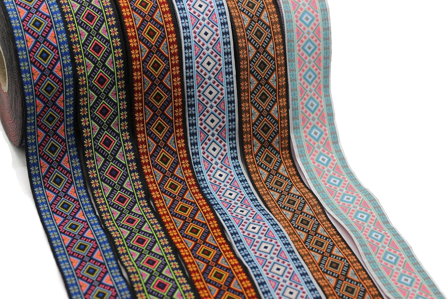 11 Yard Spool 1.37" Neon Green Purple Ethnic Geometric Jacquard Ribbon Woven Trim Embroidery Tape for Home Decor Clothing and Costume Design 35996