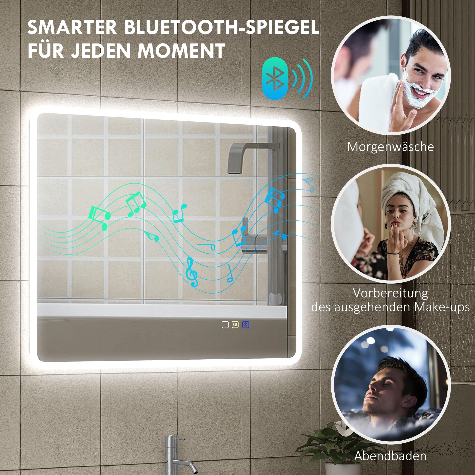 HOMCOM Badspiegel mit Beleuchtung 90x70 cm dimmbar LED Spiegel mit Touchschalter Bluetooth Memory-Funktion 3 Lichtfarben, Beschlagfrei Wandspiegel Lichtspiegel Silber