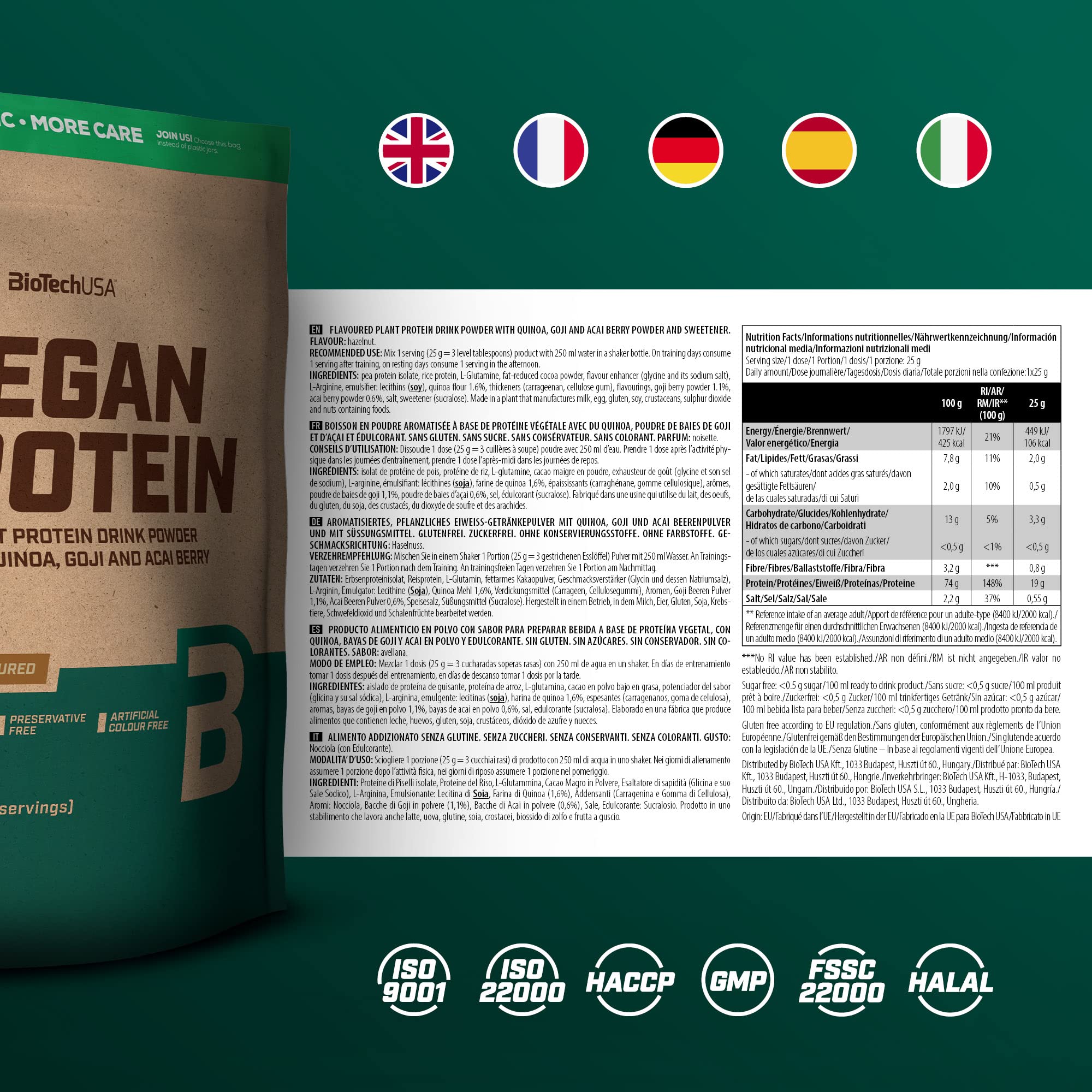 BioTechUSA Vegan Protein | pflanzliches Eiweiß aus Erbse & Reis | Mit Aminosäuren & Vitamin B12 | Mit 5 verschiedenen Superfoods | Vegan, Laktosefrei, Glutenfrei | 500 g, Haselnuss