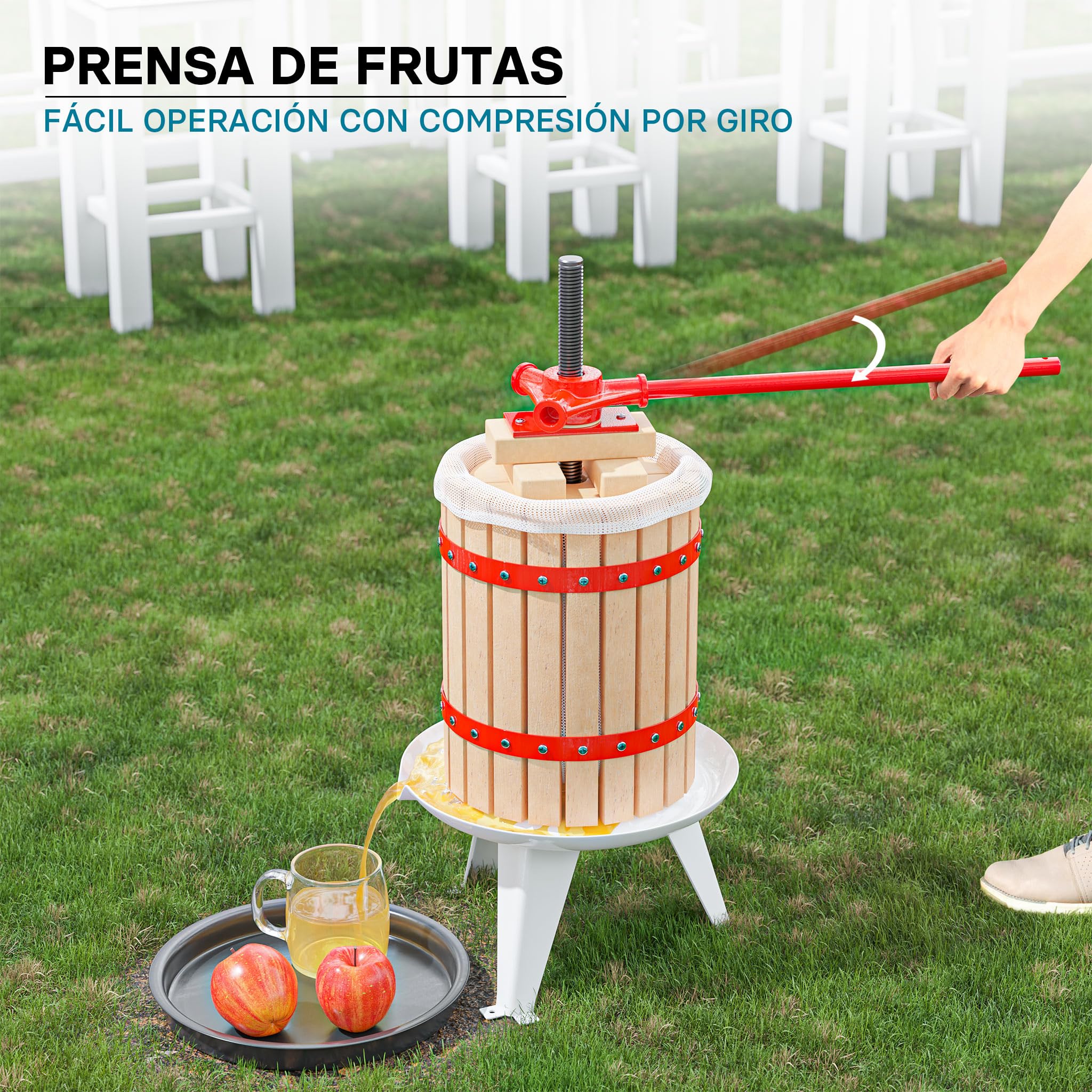 WilTec Prensa para Frutas Bayas Vino Sidra de Madera con Capacidad de 6 litros y Bolsa de macerado