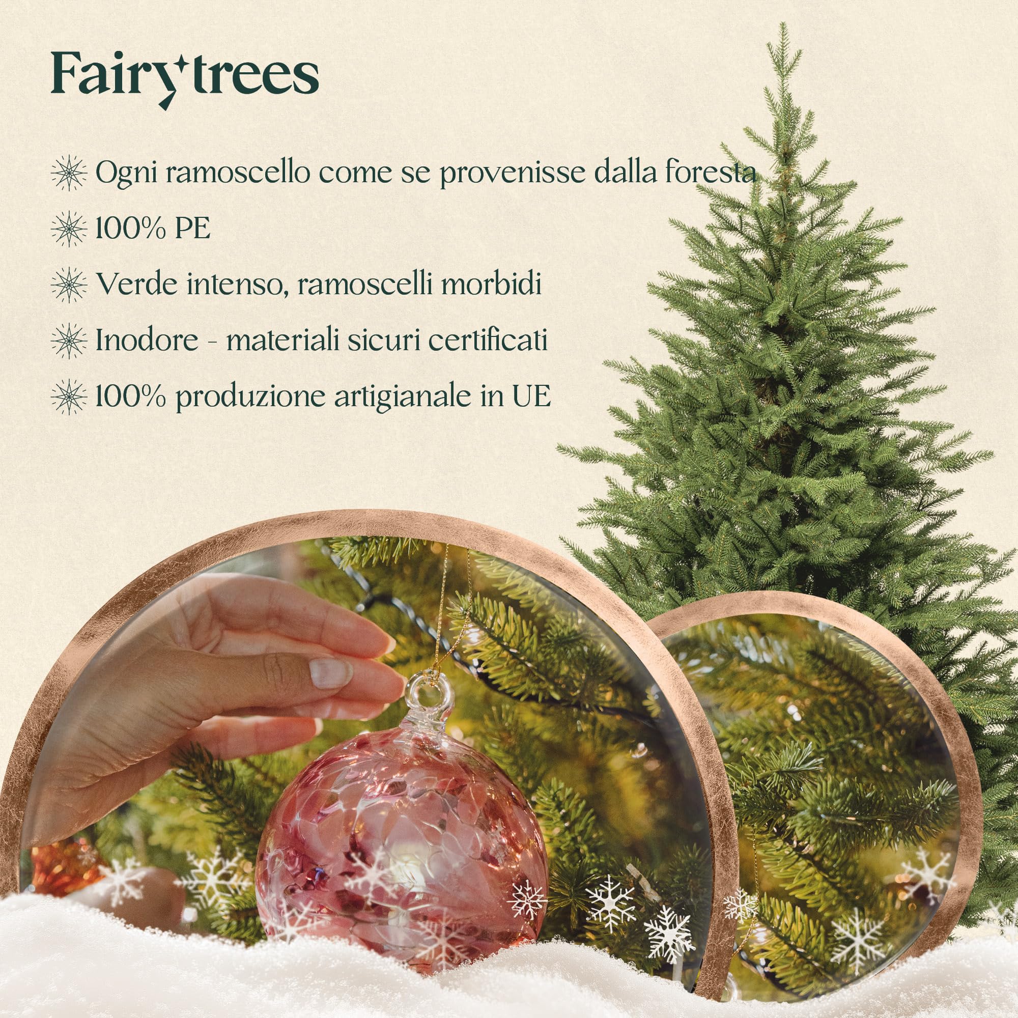 FAIRYTREES Albero di Natale 180 cm Nordman Esclusivo 100% PE | Elementi naturali realizzati ad iniezione| in UE | albero con supporto in legno di frassino fatto a mano