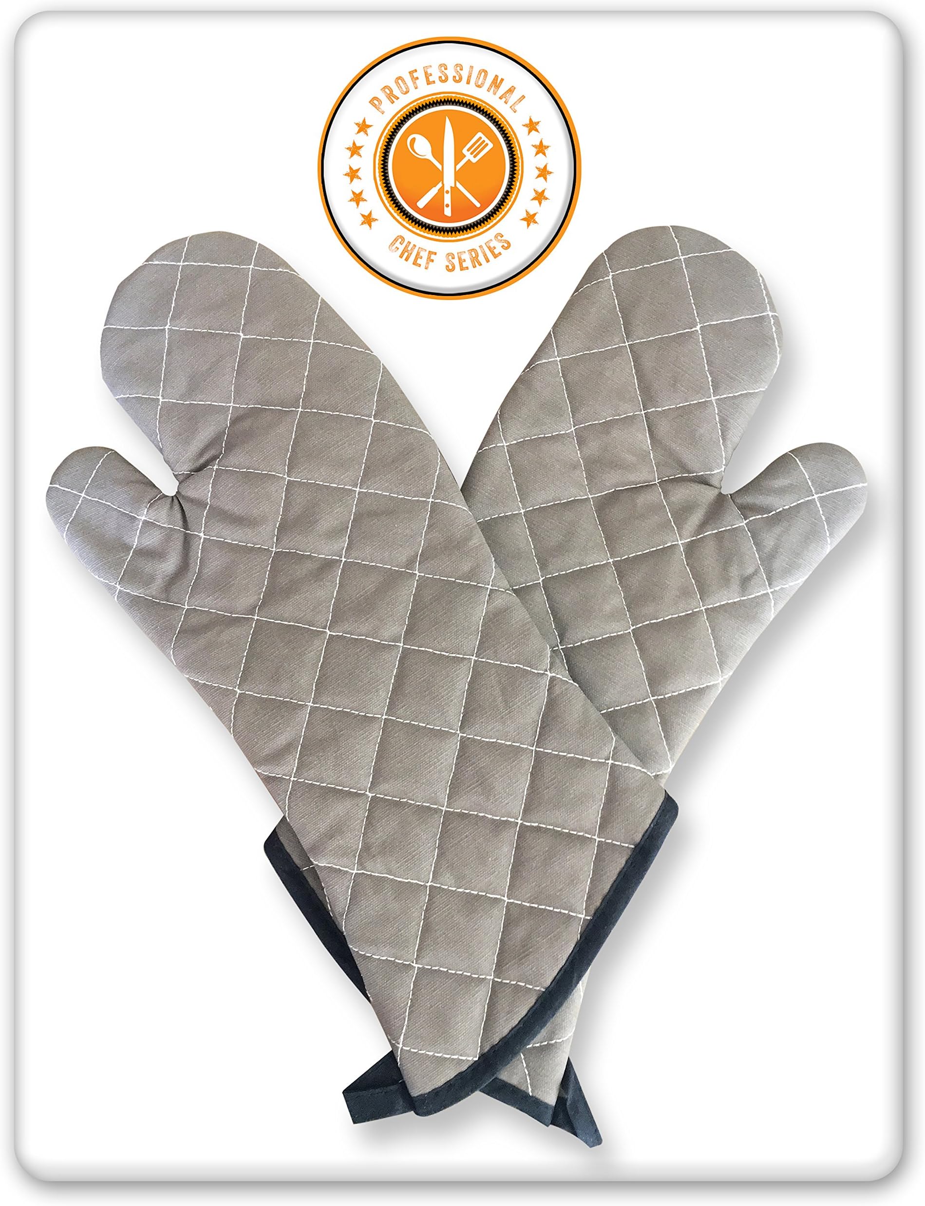 Oven Mitts Professional Chef Grey. 2 Sets. Extra Long-One Size Fits All. Added Protection from Grease Splatter, Steam Burns. Ideal for Super Hot Ovens, Deep Fried Turkey, BBQ and Fireplace.