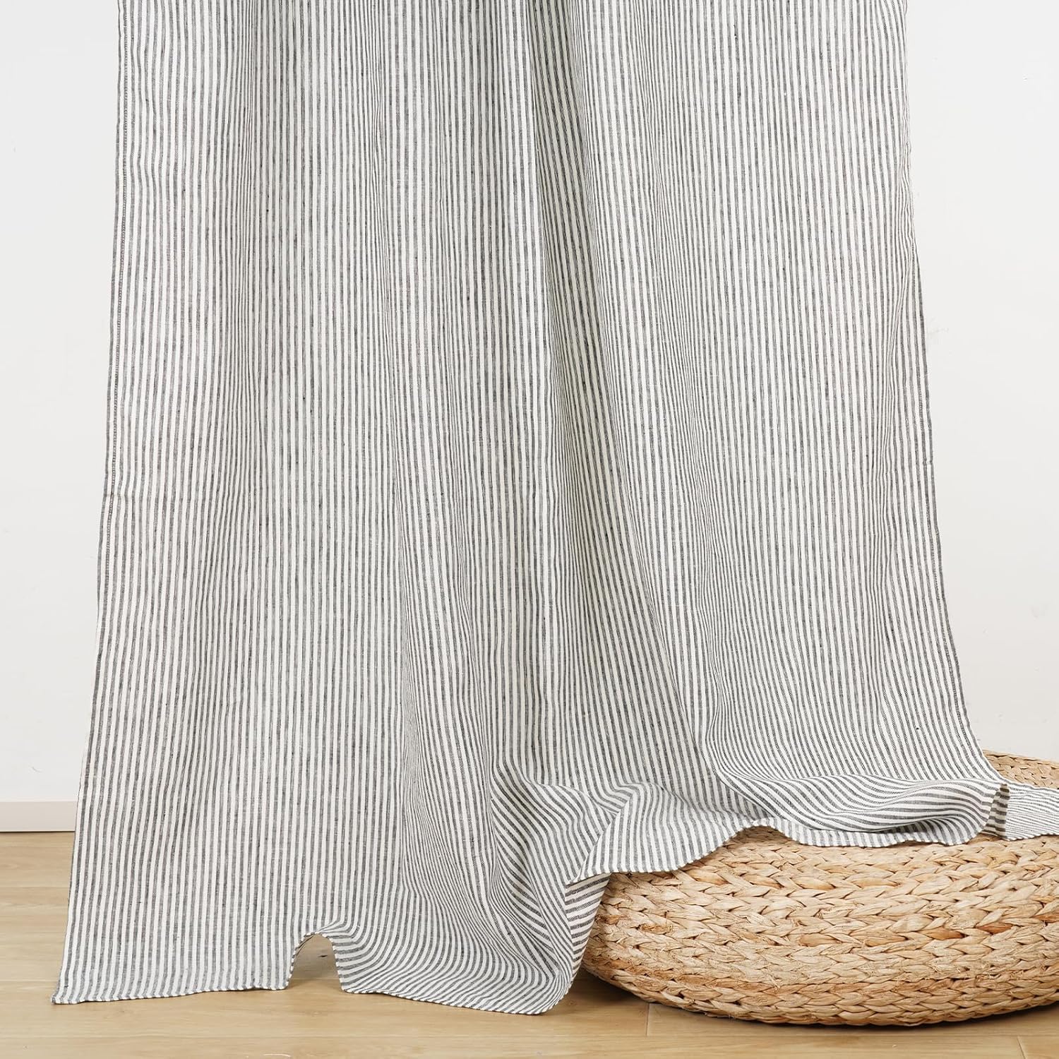 100% Pure Linen Rod Pocket with Pinstripe Curtains, 52 x 84 Inch Natural Linen Textured Window Curtains for Living Room Bedroom Dining 1 Panel, Black White