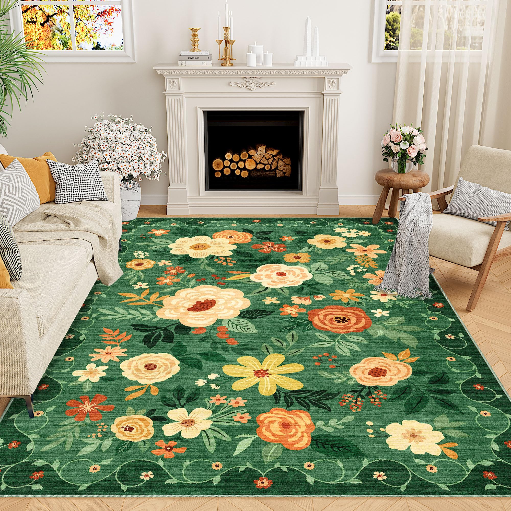 DUKINO 5x7 Area Rug Floral Washable Rug for Living Room Non Slip Dark Green | Soft, Low Pile, Stain Resistant Indoor Rug for Bedroom, Dining Room, Office, Pet Friendly, Lightweight, Modern Home Decor