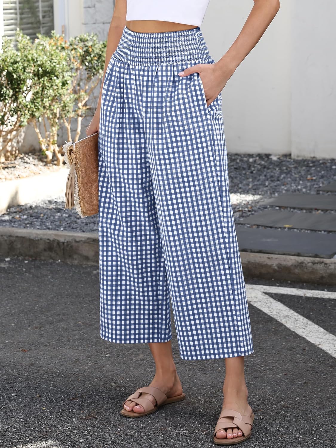 ANRABESS Women Striped Gingham Wide Leg Palazzo Pants Casual Lounge Cropped PJ Bottoms Comfy Cute Plaid Pants with Pockets - Image 3