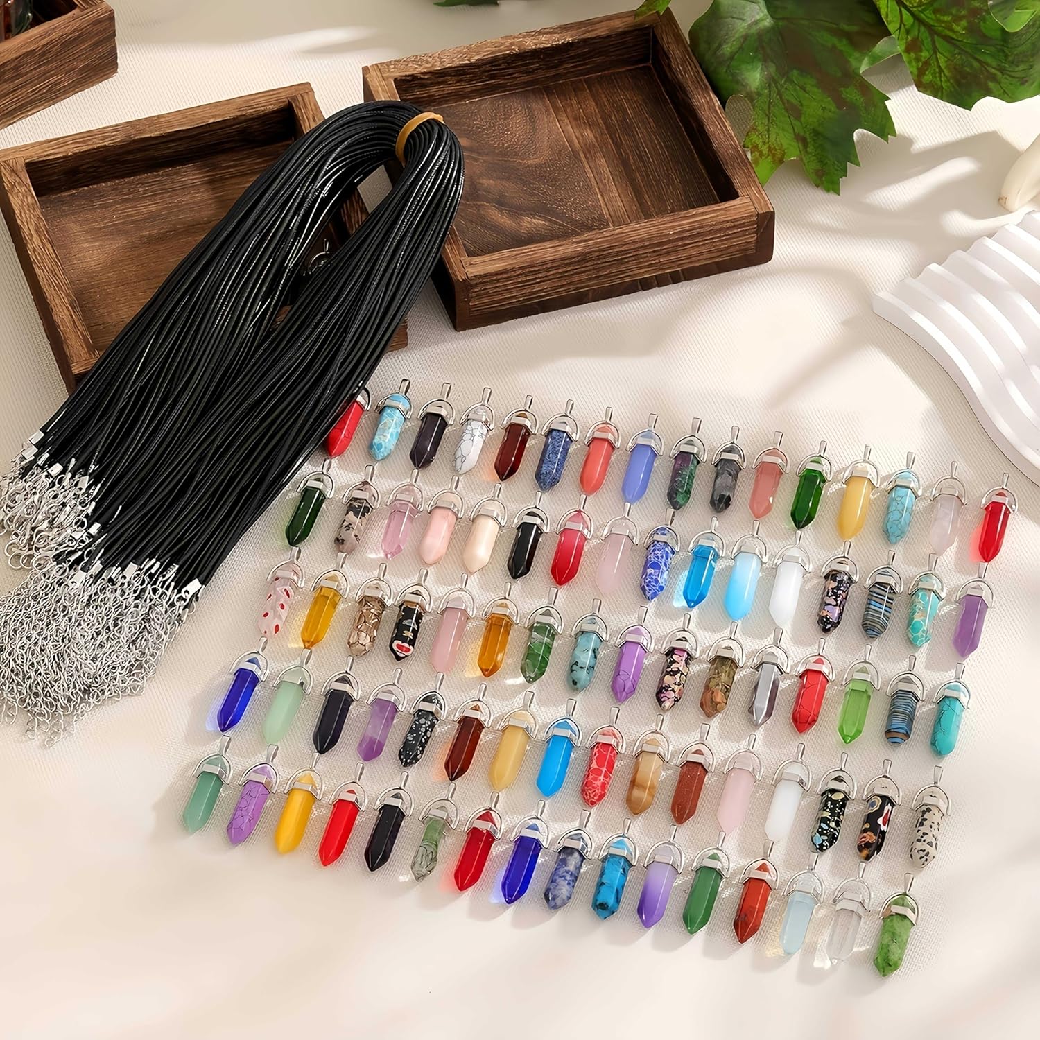 50 Pcs Chakra Pointed Pendants Set with Black Leather Cord Natural Crystal Gemstone Charms with Hexagonal Bullet Quartz Stone for DIY Necklace Bracelet Earrings Daily Wear Party Holiday Gift Jewelry