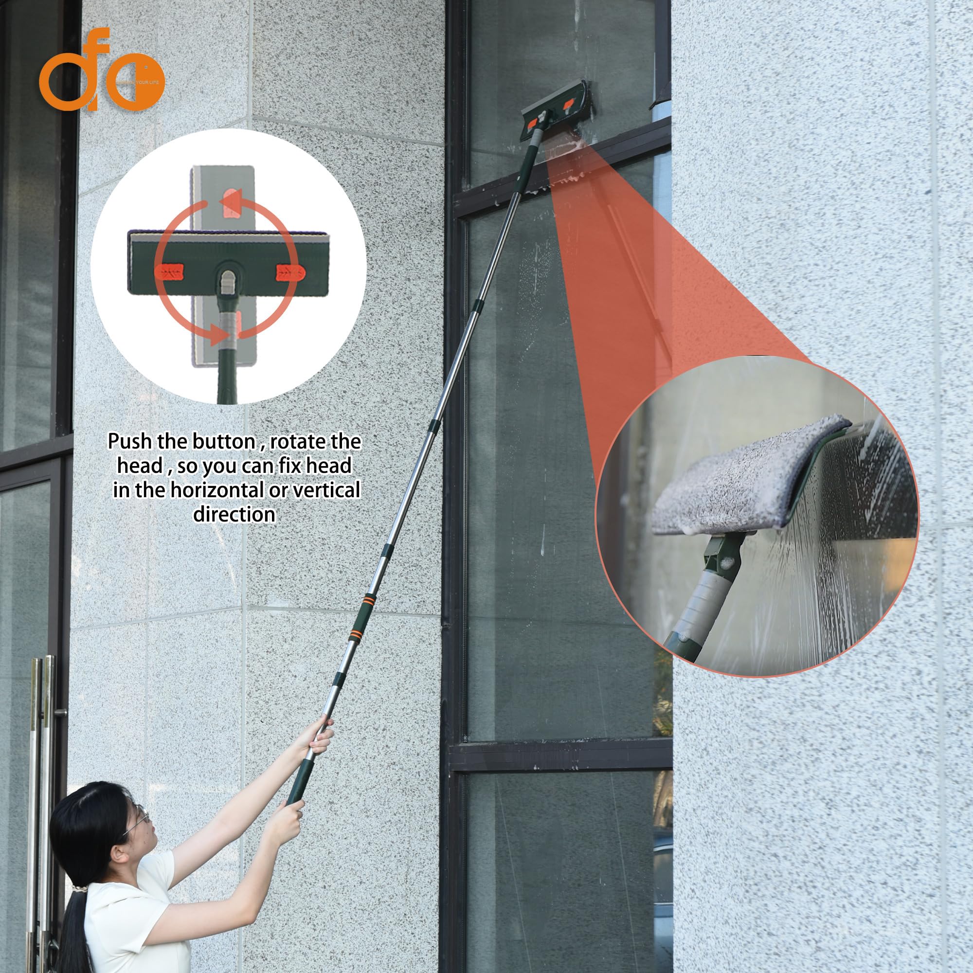 Limpiacristales 2 en 1 Kit de herramientas de limpieza de ventanas con poste telescópico, equipo de lavado de ventanas con cabezal flexible para ventanas interiores y exteriores y cristales de coche