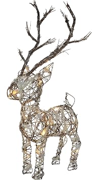 Rattan Pre-Lit Warm White LED Reindeer with Snow & Stars Christmas Decoration-48cm, Multicolour