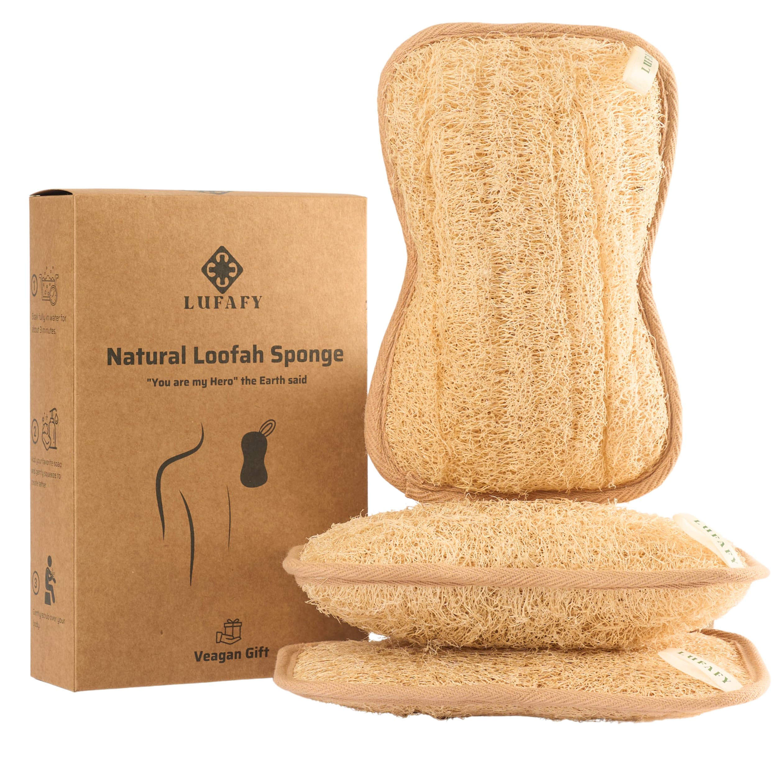 Esponja de baño exfoliante natural de doble cara, exfoliante corporal, sin tintes, biodegradable, sin arañazos (paquete de 3)
