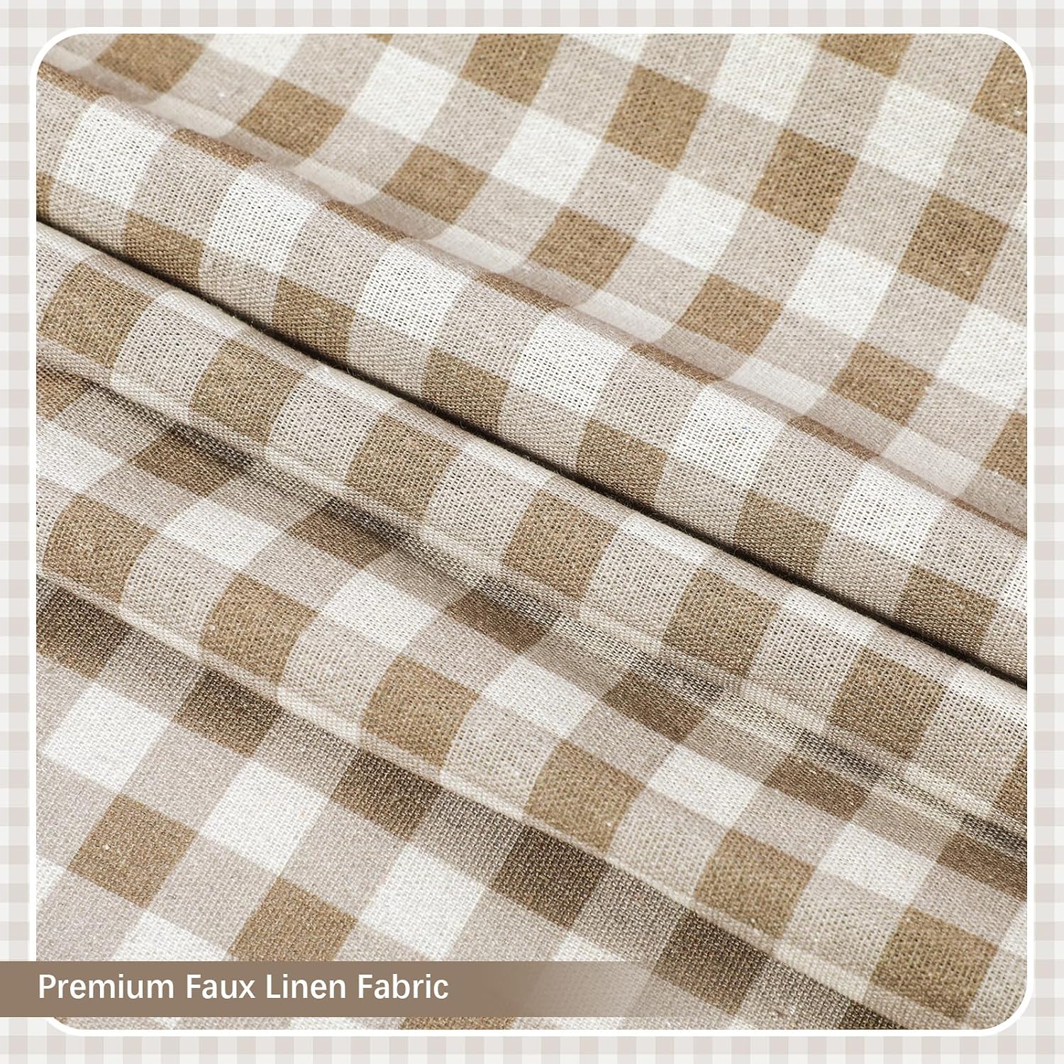 Fanfanwin 72" x 72" Light Brown Gingham Shower Curtain, Linen Blend Tie Top Plaid Shower Curtains Hanging Farmhouse Home Decor Washable for Bathrooms, Bedrooms, and Offices