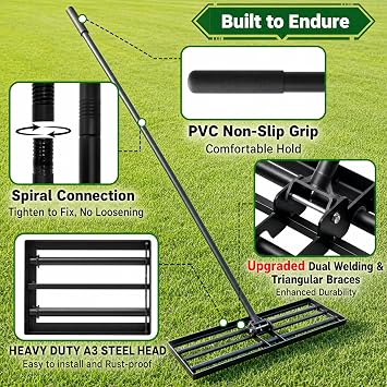 Lawn Levelling Rake, 76x25cm, Rolling Head, A3 Steel