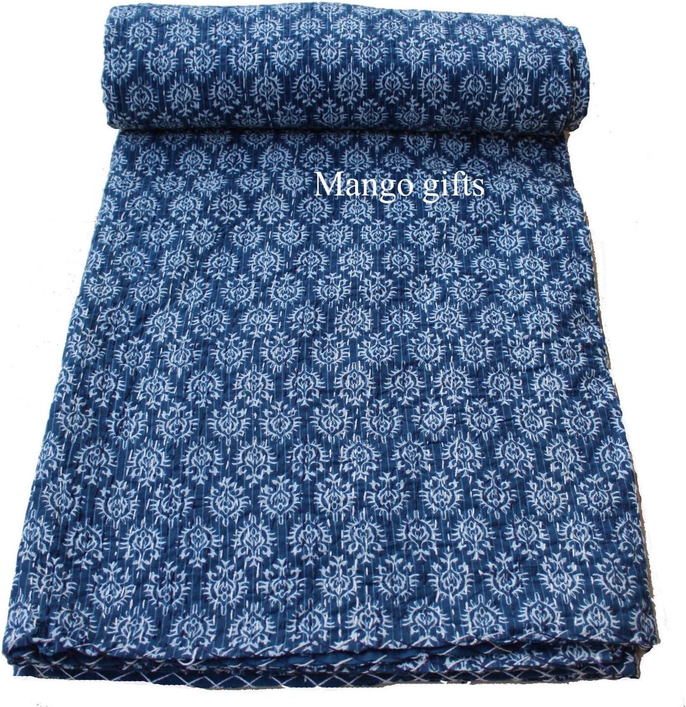 Mango Gifts Indigo Kantha Quilt, Indian Cotton Bedspread Made by Artisans of India 60" X 90" Inches Approx