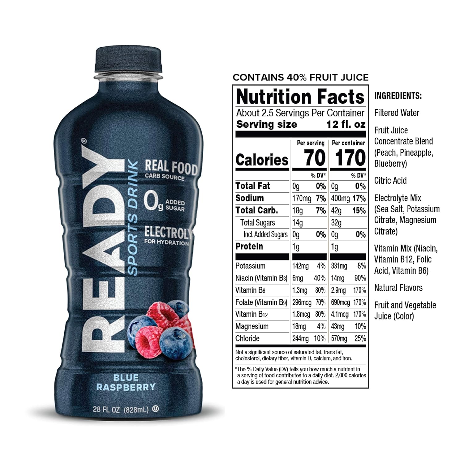 Ready® Sports Drink – Electrolyte Hydration with Super Fruit Carbs, B Vitamins & No Added Sugar – Clean Energy for Athletes & Endurance – Gluten-Free, Vegan, Kosher – Blue Raspberry (12-Pack)