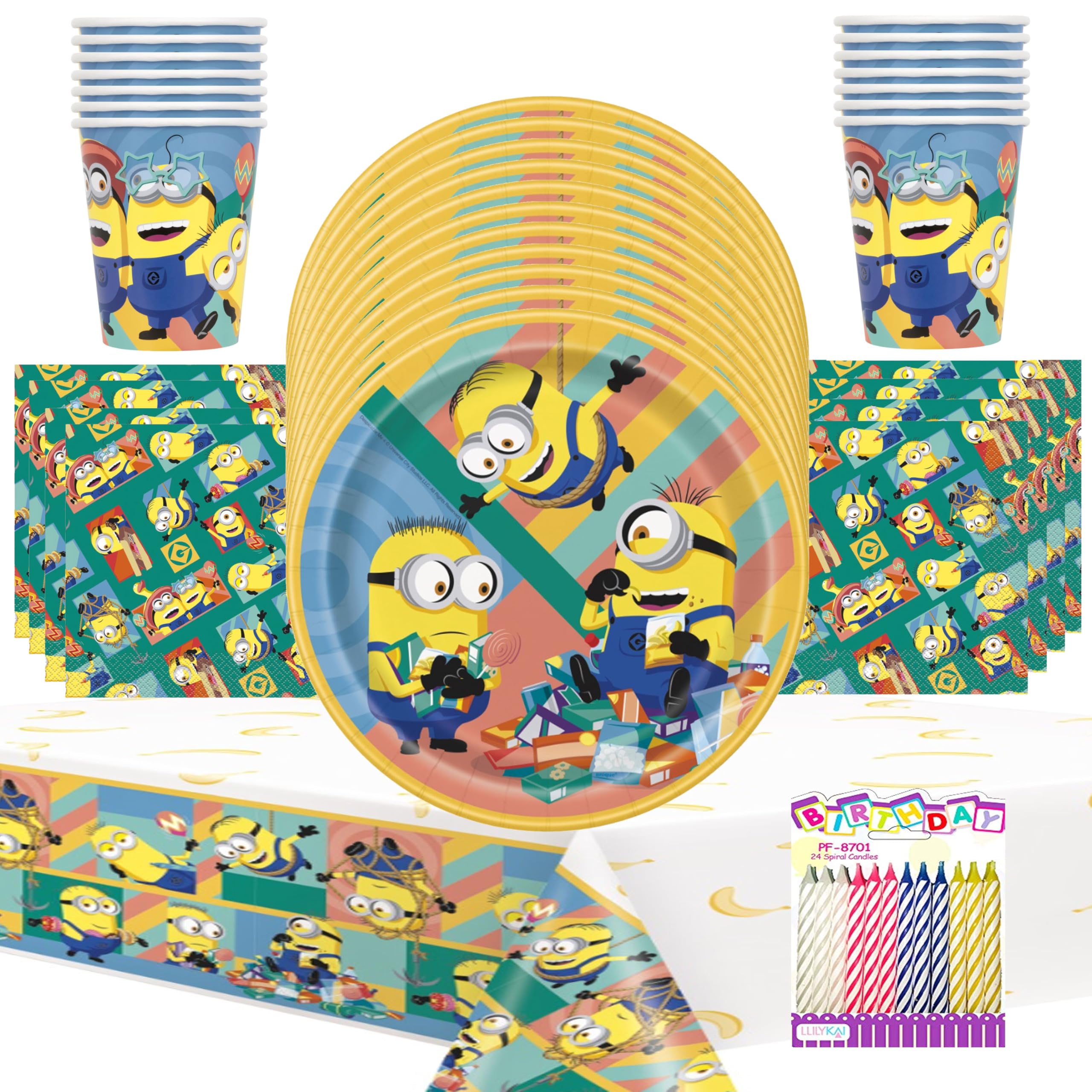 Despicable Me Birthday Party Supplies for 16 Guests – Minions Themed Plates, Napkins, Cups, Table Cover & Birthday Candles – All-in-One Kids Party