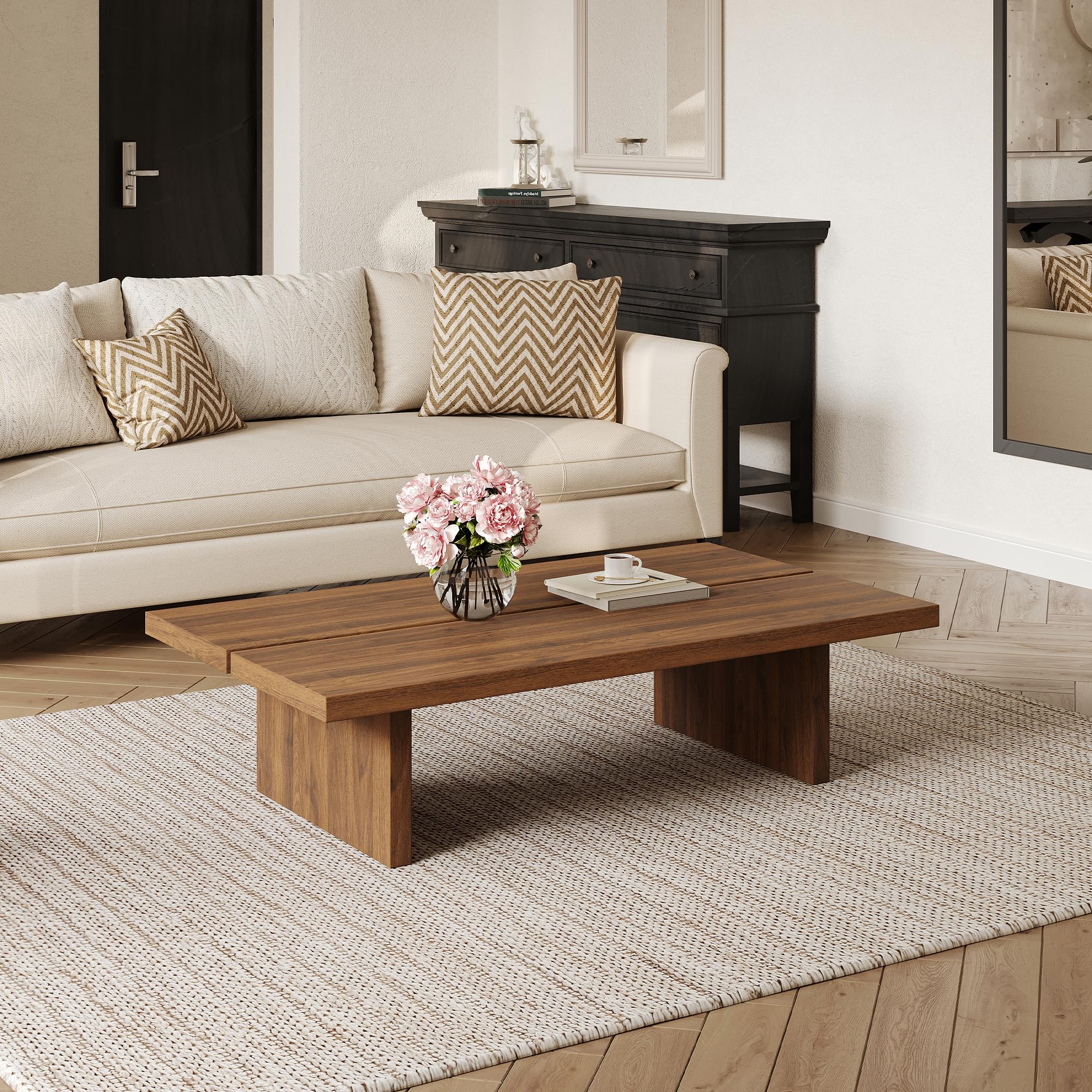47" Rectangle Wood Coffee Table for Living Room - Modern Low Profile Center Table with Walnut Grain Finish, Minimalist Black Wood Table for Lounge, Office(Brown)