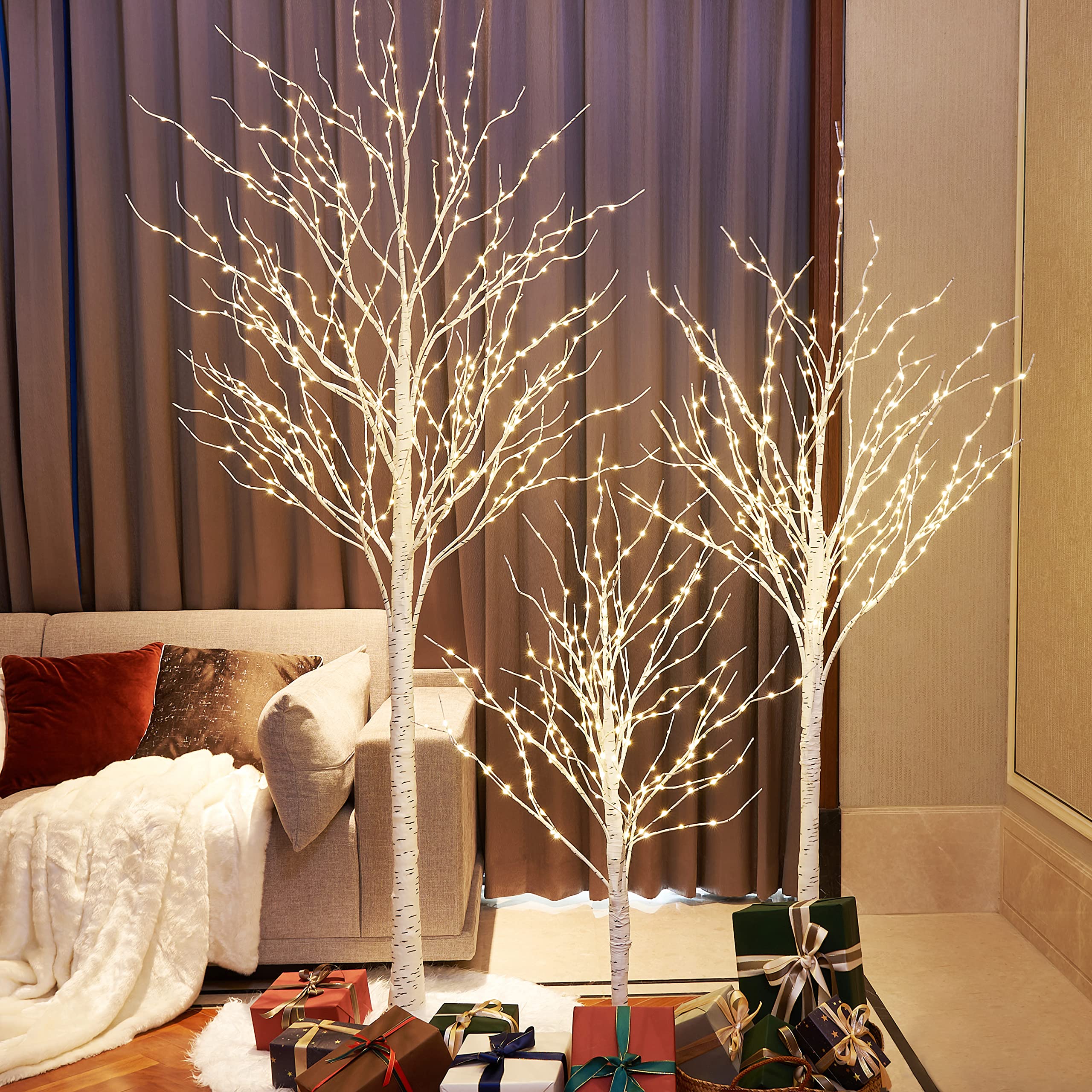Lightshare Lighted Birch Twig Tree with Fairy Lights 4FT, 6FT and 8FT, Pack of 3 Warm White for Indoor Outdoor Home Christmas Holiday Decoration