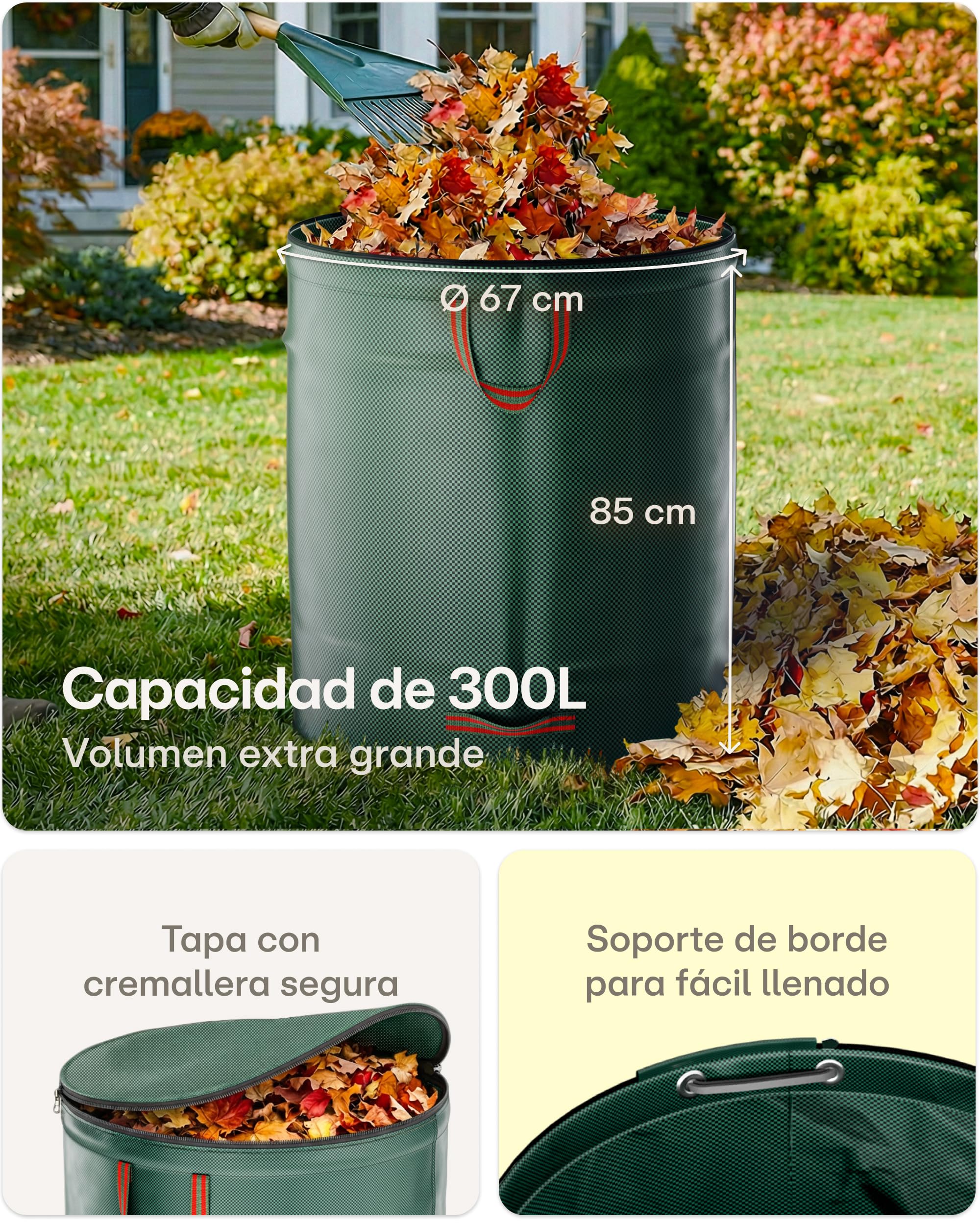 Praknu 3 Bolsa Jardin Con Tapa Con Cremallera De 300 L - Bolsa Basura Jardin Con 4 Asas Resistentes - Estable - Plegable - Reutilizable - Robusto Polipropileno