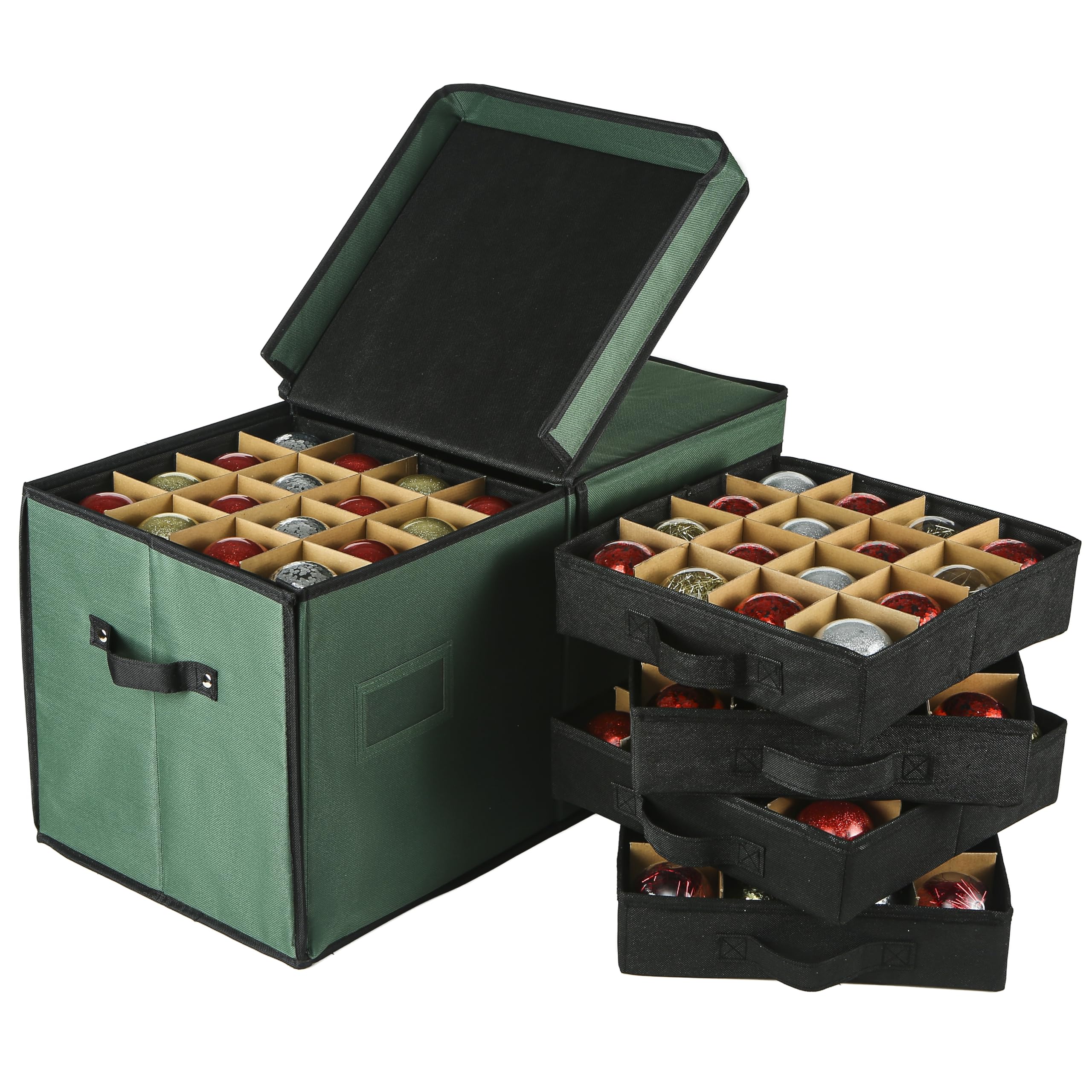 Masnest Christmas Ornament Storage Box - 8 Separate Trays, Stores 128 Ornaments - Non-Woven Fabric Christmas Ornament Storage Containers - 3 Inch Ornaments Organizer Compartments - Green