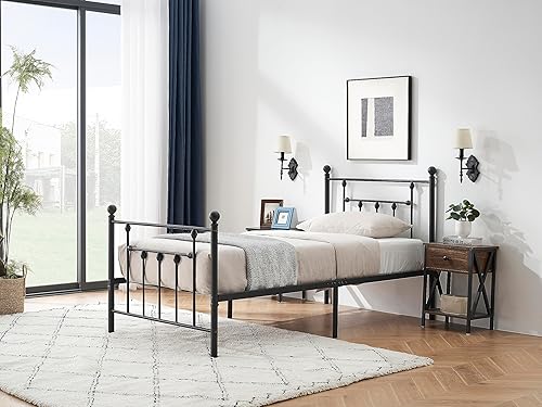 Miniatura 2 de VECELO Base de cama de plataforma metálica de tamaño individual con cabecera y estribo, soporte de listones de alta resistenciano necesita somier,