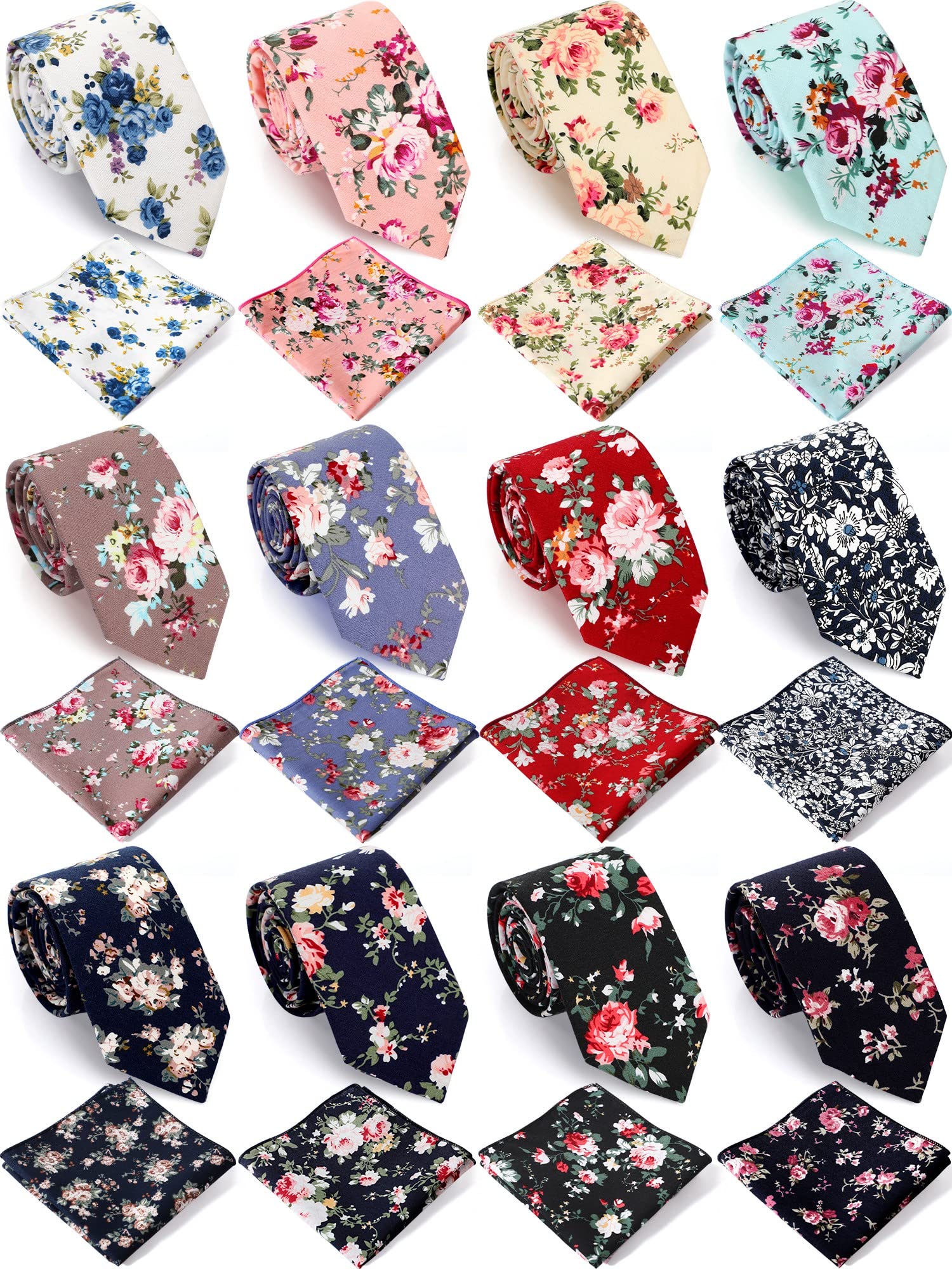 12 Set Men's Floral Ties Skinny Flower Ties for Men Slim Men's Cotton Printed Neck Tie with Pocket Square for Groom Groomsmen Wedding Costume Accessories