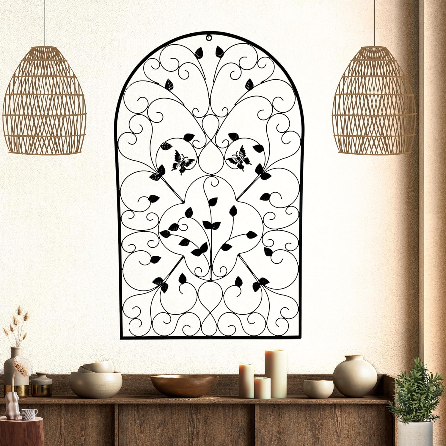 Bellaa 23196 Metal Wall Art 3D Wrought Iron Sculpture Spanish Arch 31 inch Victorian Unique Design Outdoor Garden Plaque Butterfly Scroll Boho Farmhouse Cottage Lodge Country Home Decor Medallion