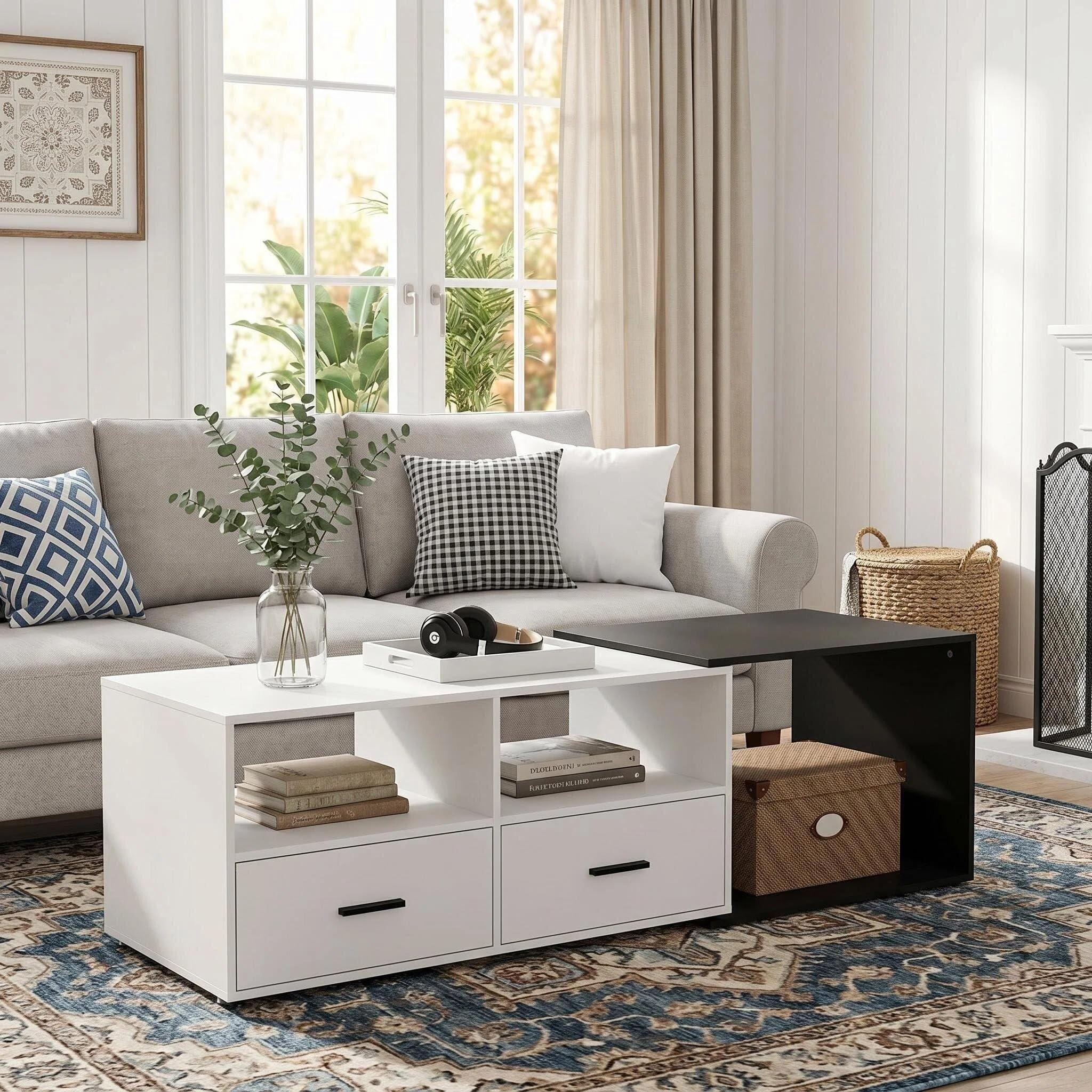 YU YUSING Mesa de Centro Elevable de 91 a 145 cm con 2 Cajones Grandes y 2 Estantes, Madera MDF para Espacios Pequeños, Blanco y Negro