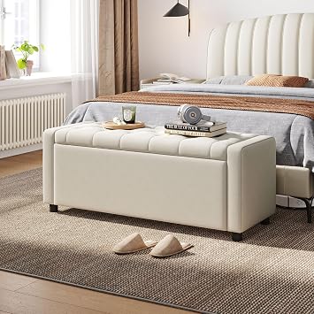 LINSY 49" Velvet Ottoman with Storage, Upholstered End of Bed Storage Bench, Large Ottoman Foot Rest for Living Room, Bedroom, Entryway, Hallway, Apartment, White