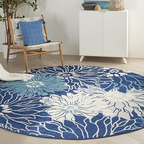 Nourison Passion Navy/Ivory 8' x Round Area Rug, Floral, Farmhouse, Easy Cleaning, Non Shedding, Bed Room, Living Room, Dining Room, Kitchen, (8' Round)