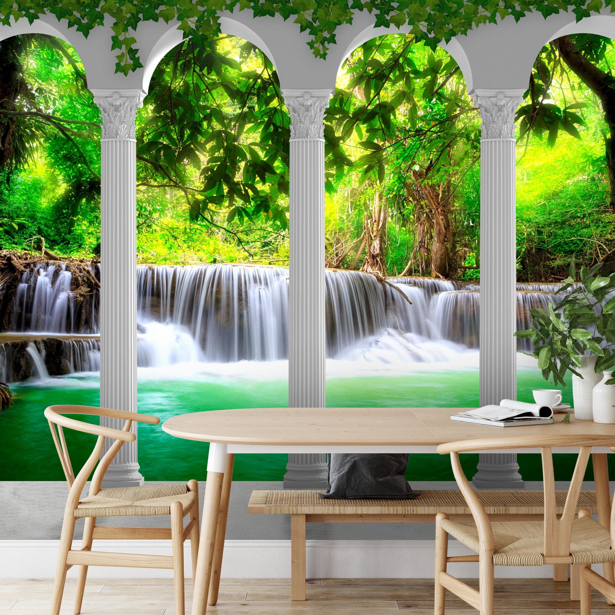 Runa Art Papel tapiz fotográfico columnas paisaje de cascada 352 x 250 cm Lana Fondo De Pantalla XXL Moderna Decoración De Pared Sala Cuarto Oficina Salón verde 9030011b
