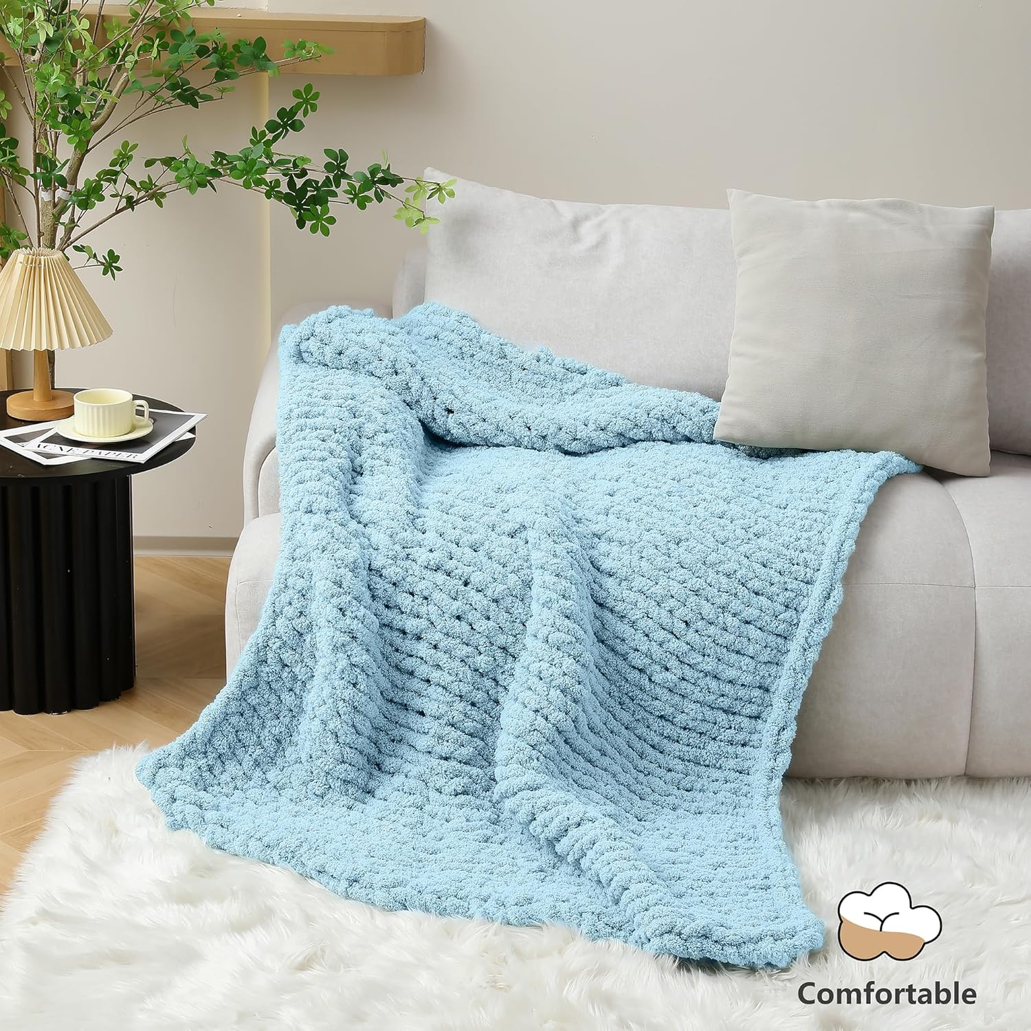Cozyful Chunky Yarn for Hand Knitting - #10 Chunky Chenille Yarn, Jumbo Big Thick Chunky Yarns for Crocheting, Super Bulky Chunky Knit Blanket Yarns, 8 Skein (25 yds 8 oz Each Skein), Sky Blue