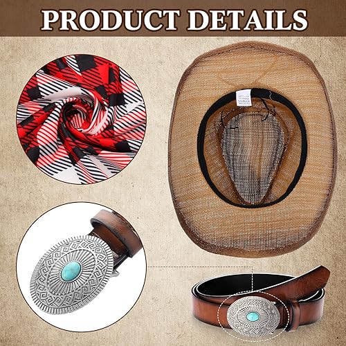 Miniatura 6 de Hicarer Juego de 5 piezas de disfraz de vaquera para mujer, juego de rol, camiseta, sombrero de vaquero, hebilla y cinturón, aretes para Halloween