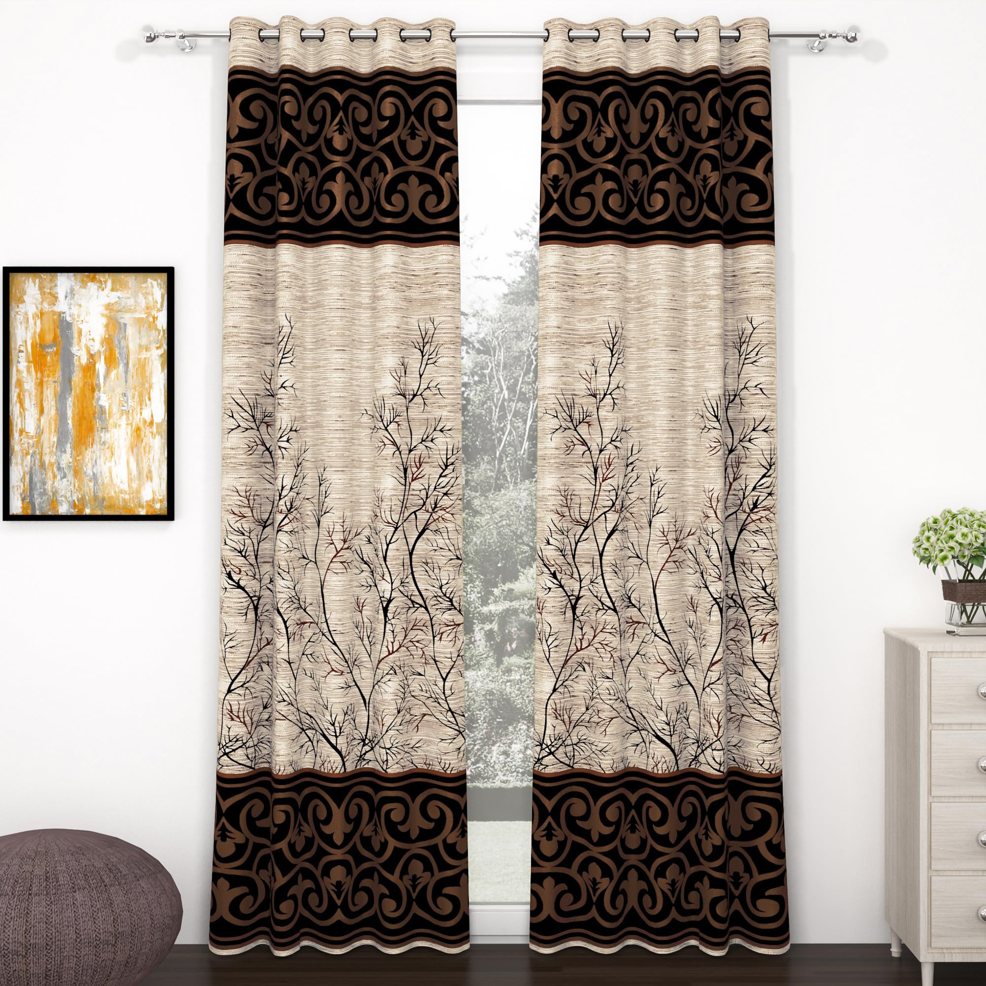 MollisHomes Door Curtains 7 Feet Set of 2, Floral Cream & Brown