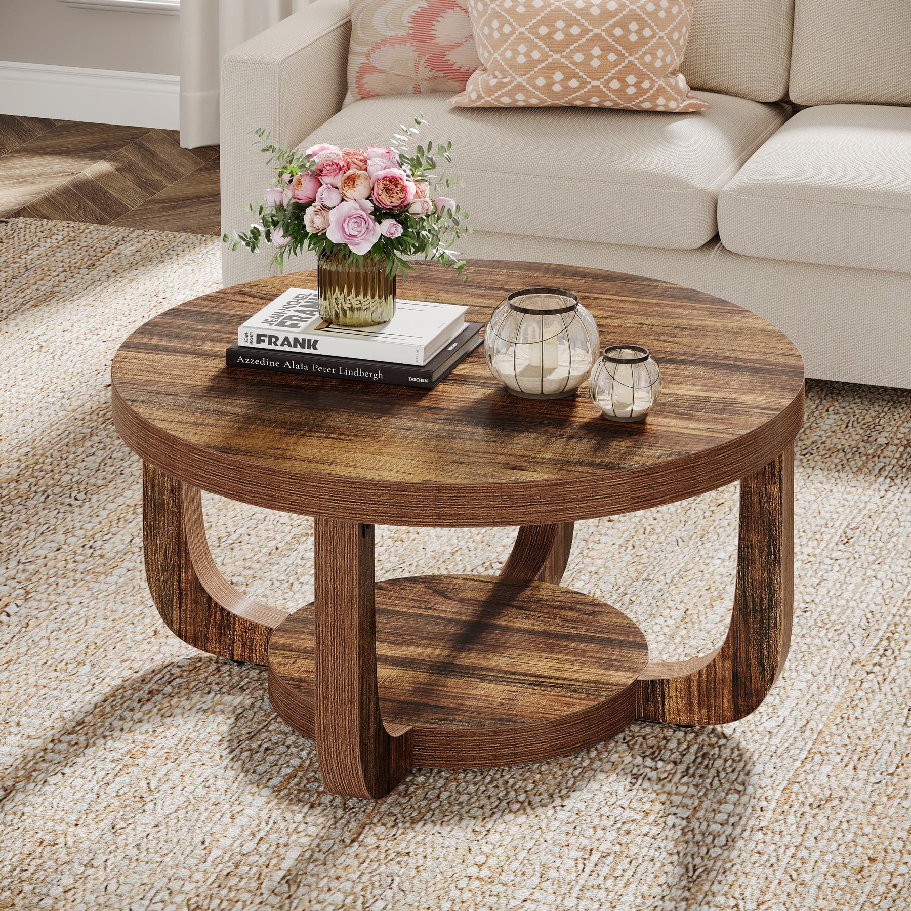 Tribesigns Ronde salontafel, 2-traps ronde salontafel met opbergruimte, 80 cm, moderne accenttafel van hout voor de woonkamer, dik tafelblad en basis, rustiek bruin Tribesigns Ronde salontafel, 2-traps ronde salontafel met opbergruimte, 80 cm, moderne accenttafel van hout voor de woonkamer, dik tafelblad en basis, rustiek bruin