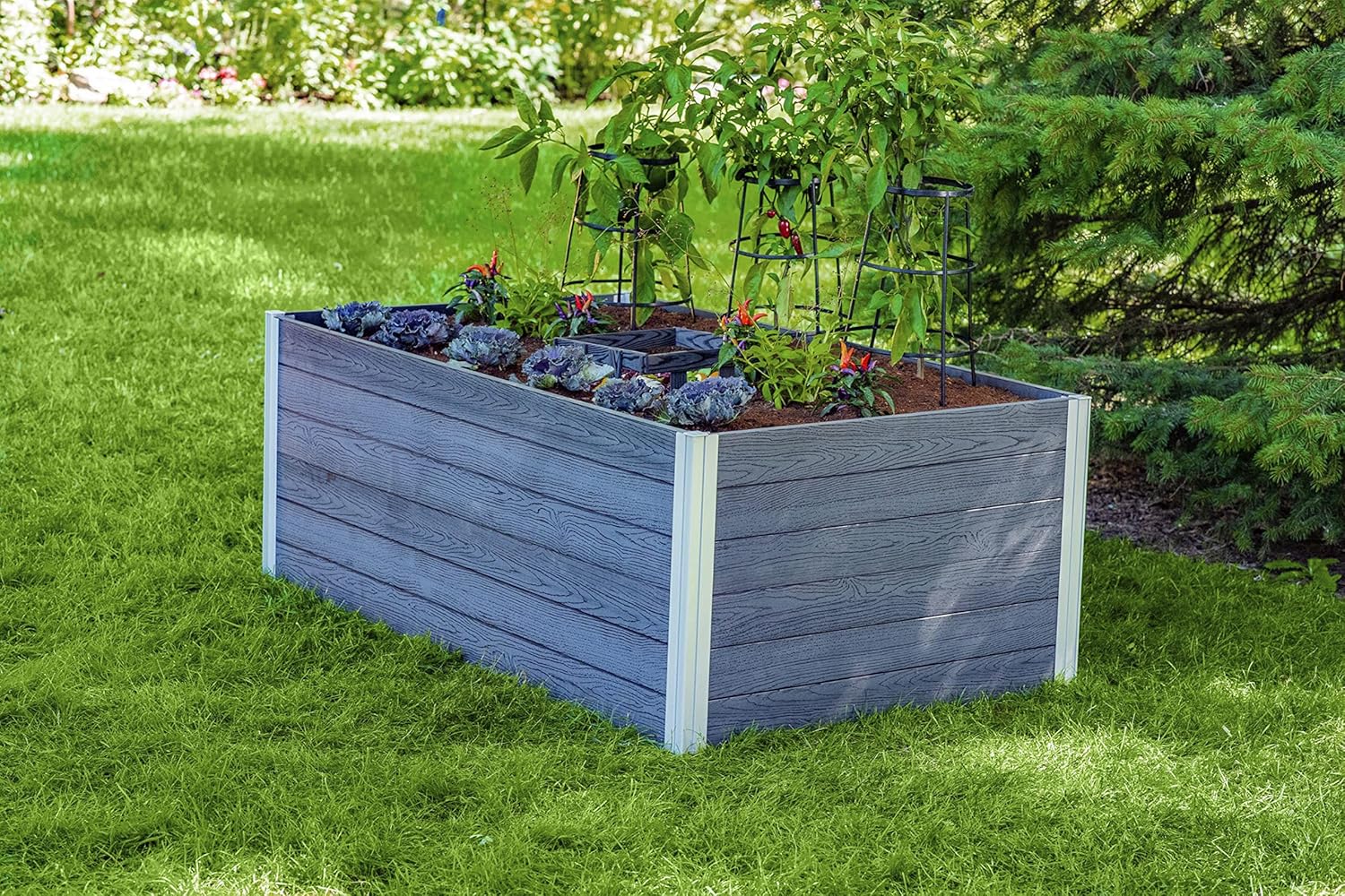 Vita Urbana 3 Foot x 5 Foot Embossed Vinyl Keyhole Garden with Composting Basket, Slate Grey, Gray, PVC, BPA and Pthalate Free, Woodgrain, VT17602