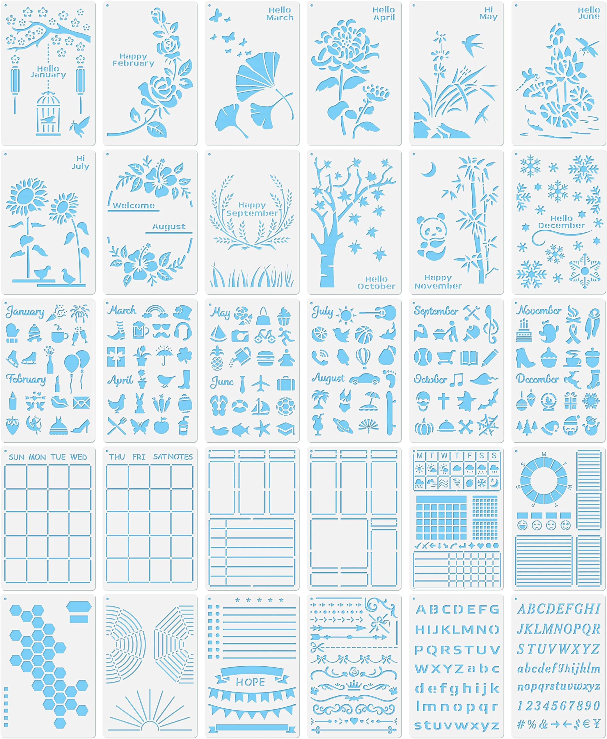 30 PCS Bullet Journals Stencils Supplies (5.1x7.9 Inch) Plastic Planner Stencil for Journaling Bujo Accessories Incl Ultimate Productivity and Monthly Seasonal Holiday Themes Stencil