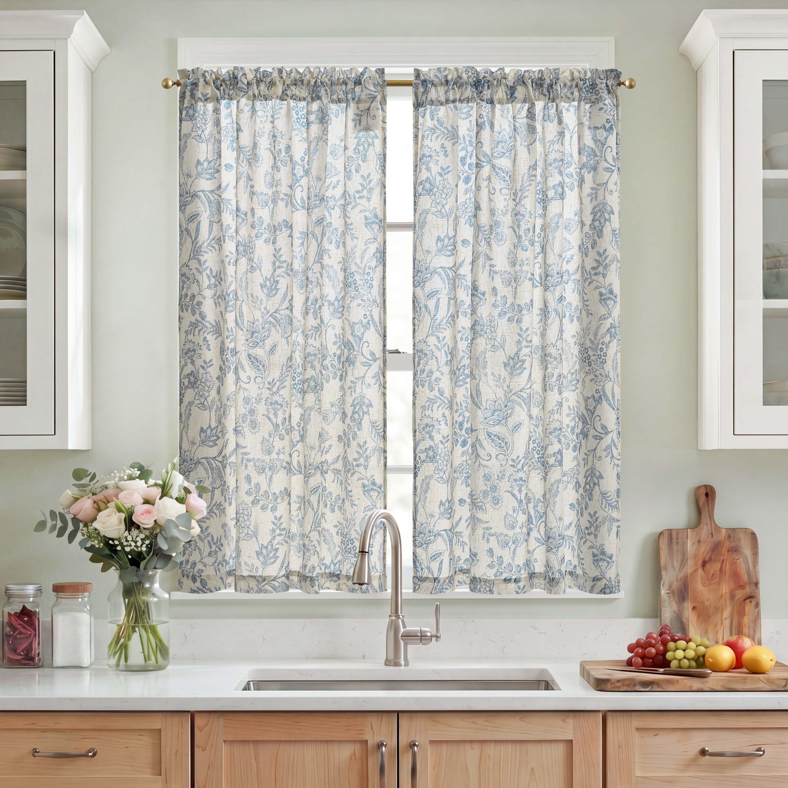 TOPICK Kitchen Curtains, Floral Linen Look Cafe Curtain 2 PCS W36xL45, Blue