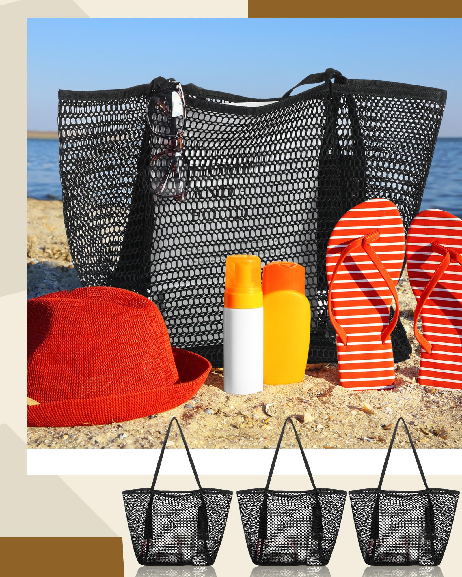 Lot de 6 sacs fourre-tout de plage en maille pour femme - Imperméable - Résistant au sable - Pour voyage, vacances, shopping, pique-nique