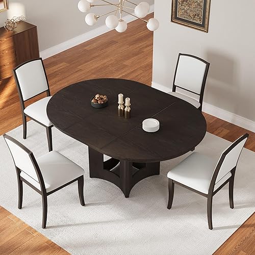 Miniatura 34 de Juego de comedor retro funcional de 5 piezas, mesa de comedor extensible de madera maciza con 4 sillas tapizadas y respaldos de ratán, juego de mesa