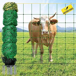 Electric Fence Netting, 49.6" H x 164'L Portable Livestock Nets for Cattle, Sheep, Goat, Hogs, Larger Animals, Electric Fencing with 14 Pre-Assembled Double-Spiked Posts for Backyards, Ranches, Farms