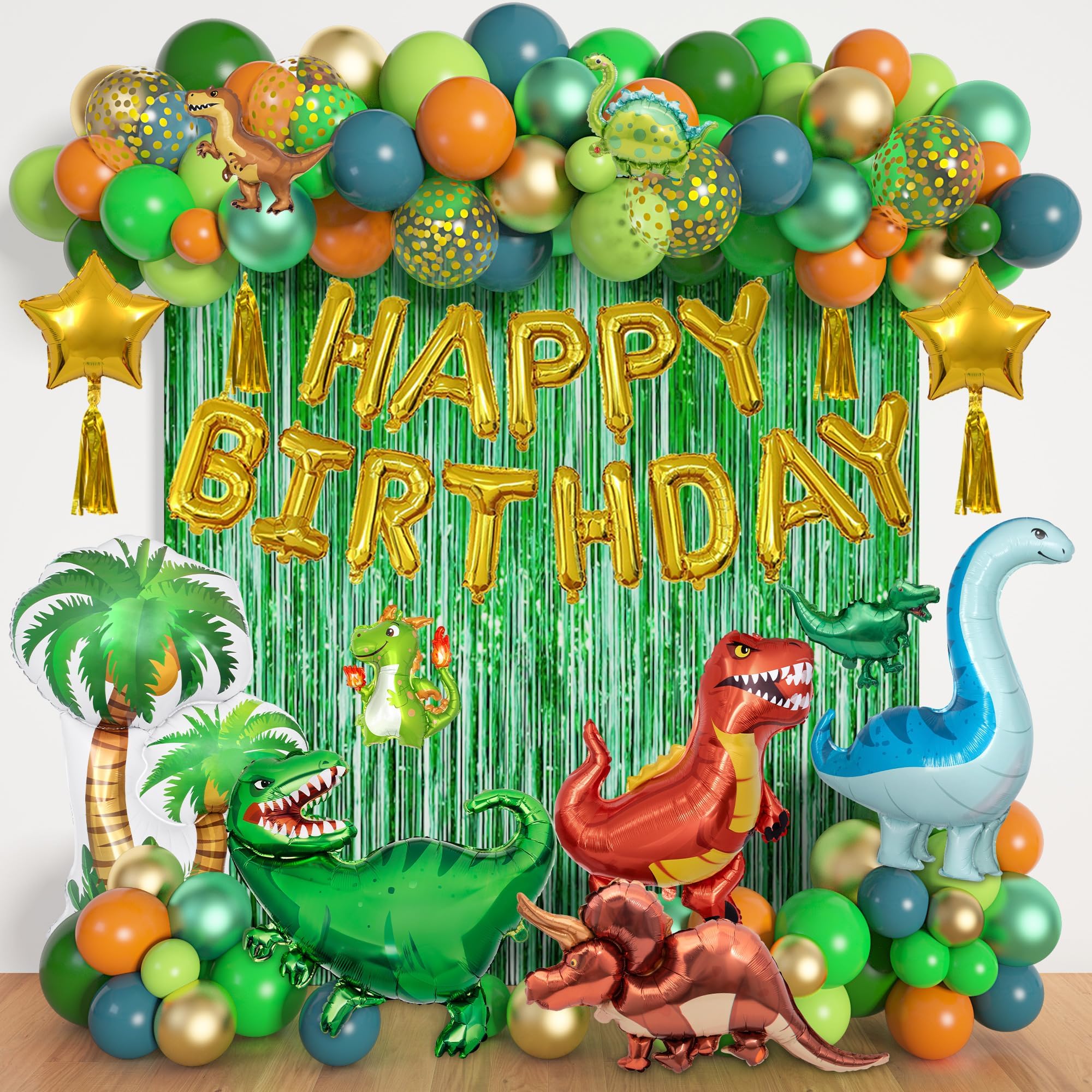 BlueCloudy Dinosaur Party Balloons Supplies, 125Pcs Happy Birthday Decoration Foil Balloon Curtain Jungle Green Orange Blue Set Garland Arch Safari