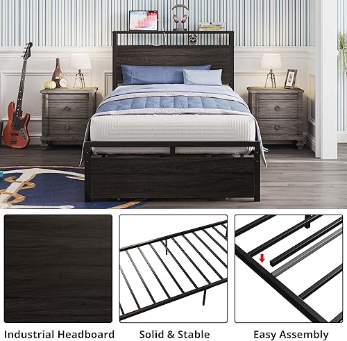 Miniatura 38 de LIKIMIO Base de cama individual con cajón, cabecera de almacenamiento con tomas, no necesita somier, fácil montaje, marrón oscuro Marrón oscuro,Gris