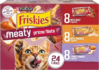 Friskies Prime Filets Meaty Favorites Wet Cat Food Variety Pack, 24 x 5.5 oz Cans - Beef, Chicken, Turkey in Gravy