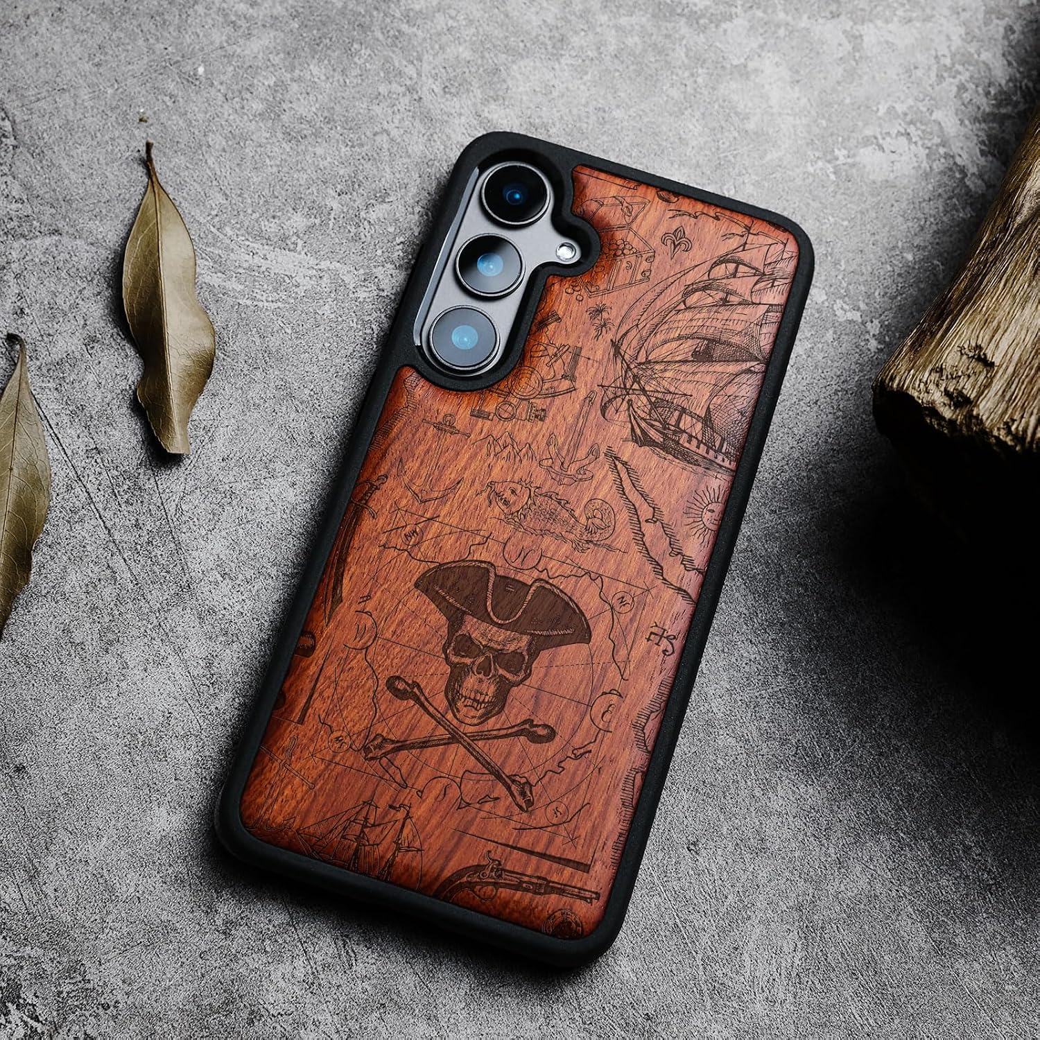 Carveit Wood Case for Galaxy S24 Case [Natural Wood & Black Soft TPU] Shockproof Protective Cover Unique Wooden Design Compatible with Samsung S24 (Pirate Flag-Rosy)
