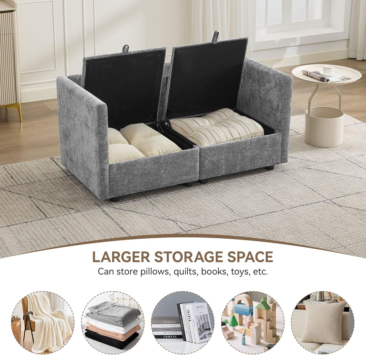 55" Cloud Modular Loveseat Sofa with Storage, Modern Upholstered Sofa Couch Small Love Seat, 2 Seater Chenille Comfy Sectional Sofa with Armrests for Living Room, Small Space, Light Grey